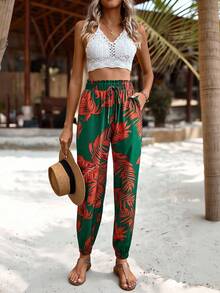 SHEIN PETITE Quần dài nữ kiểu dáng thường ngày, họa tiết cây nhiệt đới, có dây rút, thích hợp cho kỳ nghỉ xuân/hè. - Nhiều màu - Xem 6