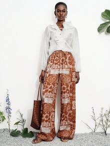 Aveloria Modichic Women's Trousers Wide Leg Lightweight Woven Fabric Elastic Drawstring Waist Bohemian Vacation Style Brown Vacation Summer Career Women Printed Boho Floral Pattern Women's Pants Vacation Outfits Women Summer Holiday 25-35°C - Multicolor - View 1