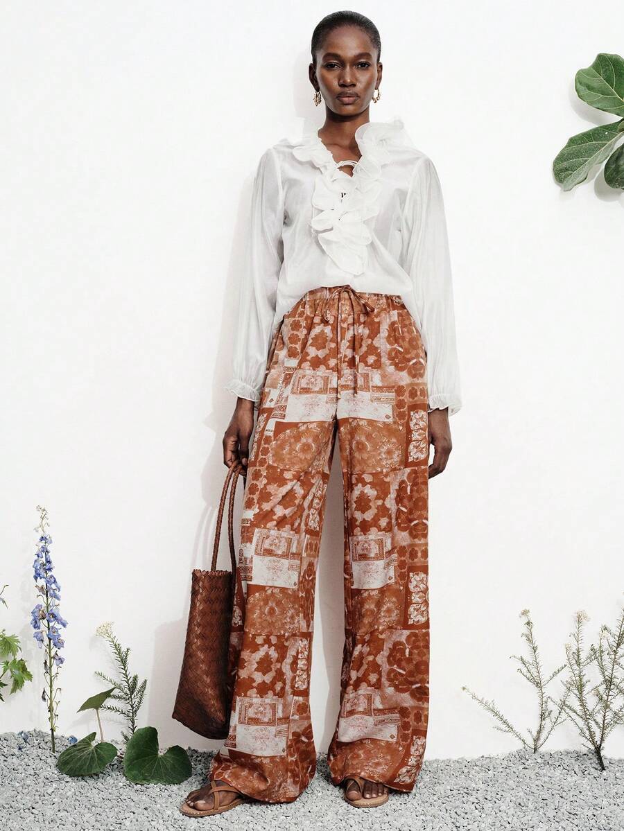 Aveloria Modichic Women's Trousers Wide Leg Lightweight Woven Fabric Elastic Drawstring Waist Bohemian Vacation Style Brown Vacation Summer Career Women Printed Boho Floral Pattern Women's Pants Vacation Outfits Women Summer Holiday 25-35°C - Multicolor - View 1