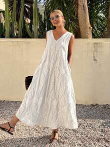 Livesso Damen V-Ausschnitt Casual Loose Straight Spitze Organza Strandkleid, elegant für Urlaub, Pendeln, Frühlings- und Sommerkleider für Frauen - Weiss - Übersicht 4