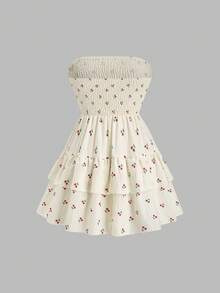 SHEIN Sweetro Cherry Print Bustier Waist Ruffle Hem Dress - Apricot - View 2