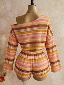 Soleia Bộ đồ thể thao nữ đi nghỉ mát, kẻ sọc, cổ áo bất đối xứng, áo crop top và quần short (2 món) - Nhiều màu - Xem 2