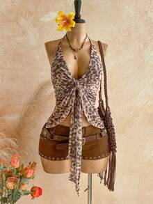 Soleia Women's Leopard Print Pleated Asymmetric Hem Halter Neck Camisole - Apricot - View 6