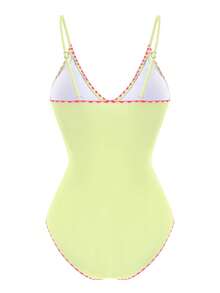 SHEIN Swim Oasis Bộ đồ bơi liền thân không gọng, dây mảnh, cạp cao, in kỹ thuật số, kèm chân váy dài bằng lưới, thích hợp cho kỳ nghỉ biển mùa xuân/hè. - Màu vàng - Xem 5