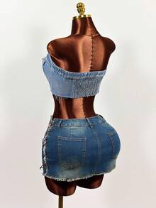 SHEIN Women's Sexy Fashion Street Snap Single-Breasted Cropped Bustier Denim Top, Summer - Blue - View 2