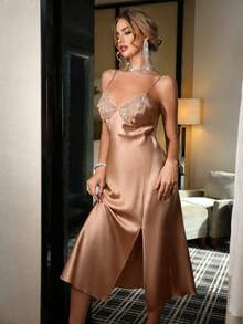 SilkySpell Embroidered Collar Decor Slit Hem Camisole Nightgown - Camel - View 5