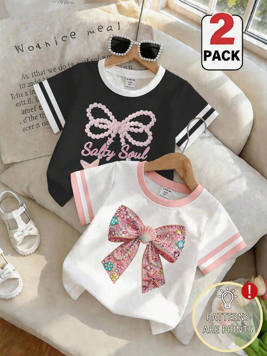 Tween Girl Y2K Cute Style 2pcs Set, Pearl Bow & Seashell Print Colorblock Striped Short Sleeve T-Shirt, Summer Beach Holiday Tee - Multicolor - View 1