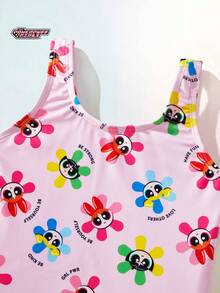 THE POWERPUFF GIRLS X SHEIN Maija Kids 女童碎花吊带连体泳衣，百搭舒适 - 彩色 - 查看 3