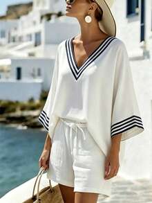 女士宽松V领条纹印花休闲通勤优雅度假衬衫 - 黑與白 - 查看 8