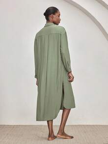 Ocili Soft & Comfortable Mandarin Collar Long Sleeve Maxi Dress With Shell Buttons, Viscose & Cotton Blend Sleepwear For Women - Dark Green - View 3