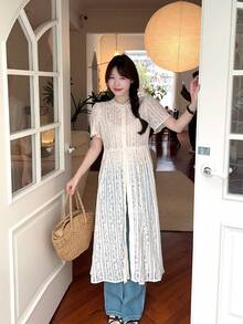 DAZY Damen Rundhals Spitzen Kurzarm Maxikleid, Koreanischer Stil für Frühling/Sommer Sonnenkleider für zierliche Frauen - Aprikosenfarben - Übersicht 5