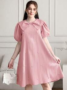 SHEIN 少女纯色仿珍珠装饰时尚派对连衣裙 - 粉色 - 查看 4