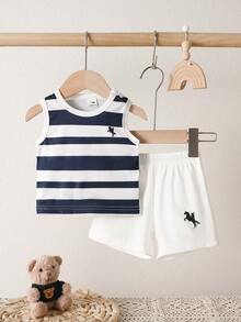 SHEIN Conjunto de Shorts Sem Mangas para Bebê Menino Recém-Nascido de Verão, Branco, Estampa Listrada Texturizada, Moletom Macio - Azul Marinho - Visão 4