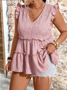 EMERY ROSE Blusa elegante de talla grande tejida con estampado floral, cuello en V, mangas volantes y ribete con volantes, adecuada para vacaciones, exteriores, uso diario, primavera/verano - Rosa - Ver 3