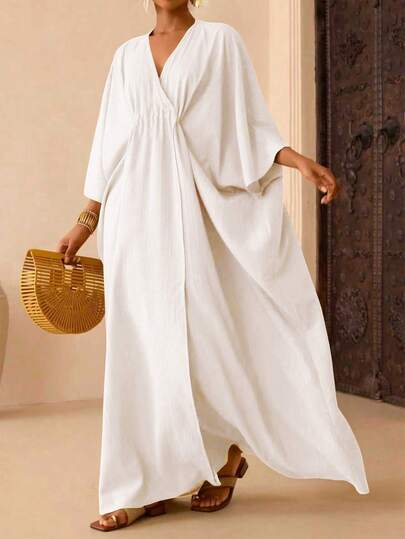 Vesra Women's Summer Vacation Lace Loose Solid Color Batwing Sleeve Casual Dress