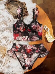 Divavoom 2件套印花网纱性感经典短袖荷叶边钢圈文胸内裤套装（女士款） - 彩色 - 查看 4