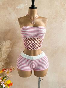 Soleia Plus Size Women Pink Hollow Out Tube Top And Shorts Casual Sexy Knit Set Vacation Summer - Pink - View 4
