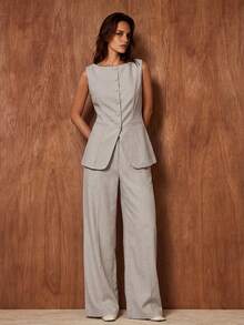 RueChic Women, Spring, Summer, Button, Top, Blazer, Office Light Grey Elegant - Brown - View 3