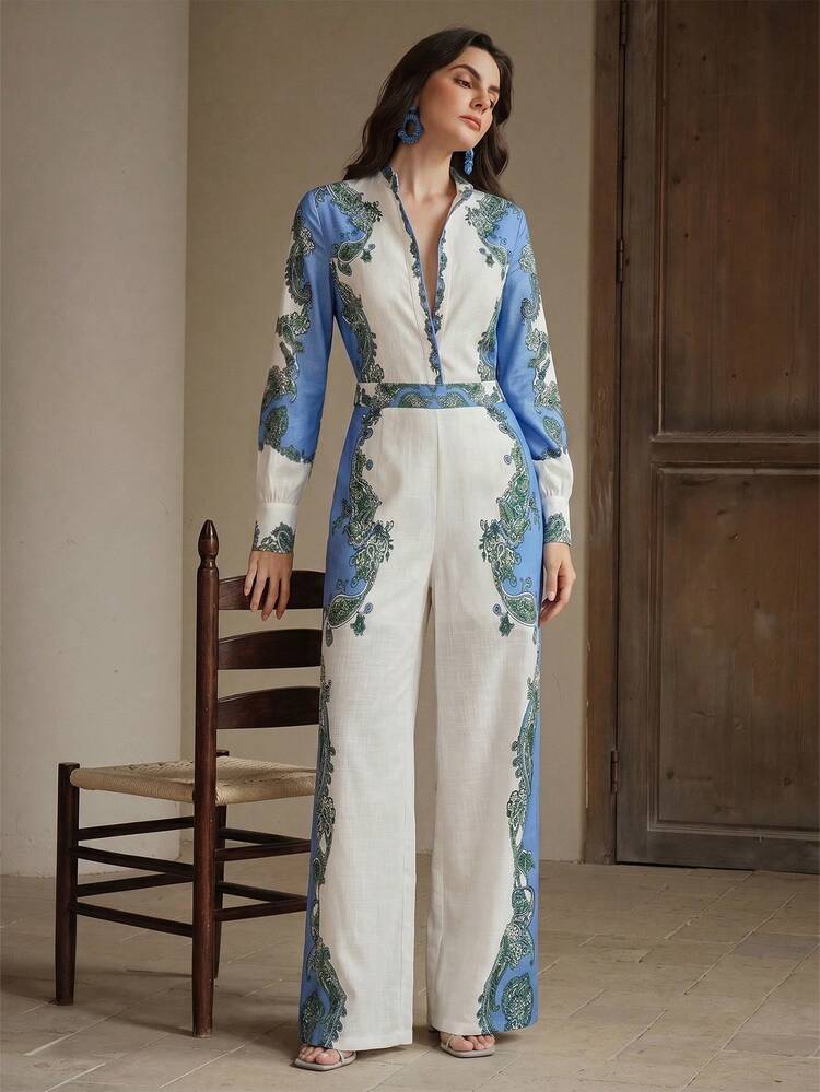 Fashionable Retro Vacation Elegant Positioning Print High Waist Slimming Women's Long Two Pieces Set, Spring Clothes, Women's Work Outfits, Summer Outfit, Summer Clothes