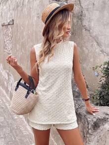 SHEIN LUNE Conjunto de 2 piezas de top corto sin mangas y shorts de moda básica para uso diario, vacaciones de verano y viajes, de mujer - Beis - Ver 3