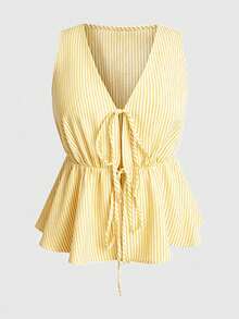 Sweetra Bộ 2 món áo không tay cổ bẻ in họa tiết kẻ sọc thêu và quần short cạp chun dáng casual dành cho nữ, thích hợp cho mùa xuân/hè. - Màu vàng - Xem 3