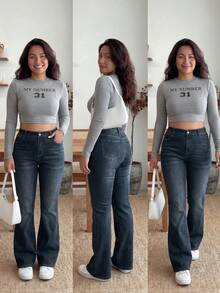 Enliva Plus Size Casual Washed High Waist Slim Fit Flare Jeans, For Apple And Rounded Body Shape - Blue - View 4