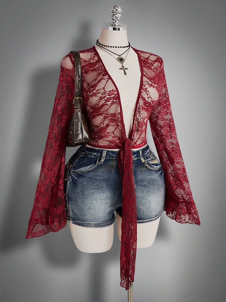 SHEIN ICON Blusa de manga de campana con encaje para mujer de talla grande - Morado - Ver 1