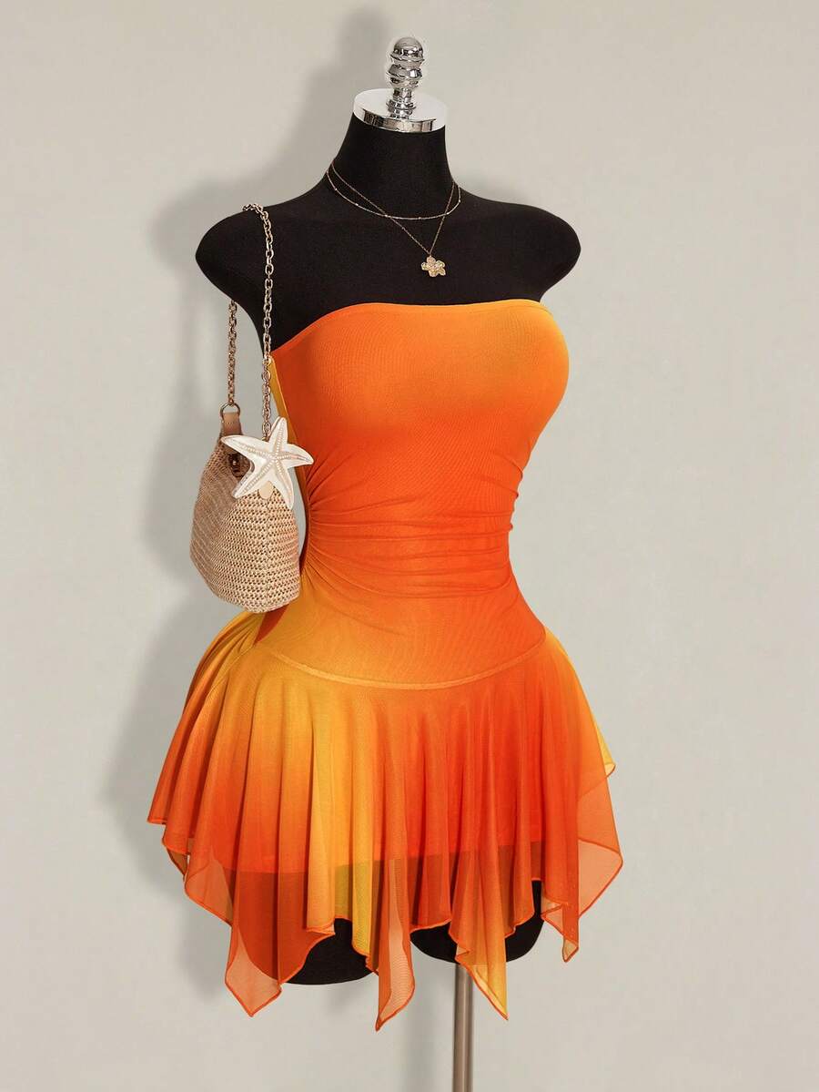 SHEIN ICON 女式渐变色褶饰抹胸式迷你连衣裙 - 橘色 - 查看 1
