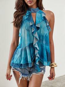 SHEIN ICON 女士扎染拼接荷叶边露背吊带背心 - 藍色 - 查看 7