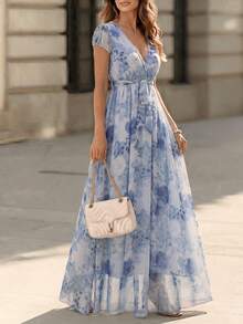 Vestido midi de línea A con estampado floral azul, cintura alta, romántico y elegante con mangas cortas para mujeres - Multicolor - Ver 5