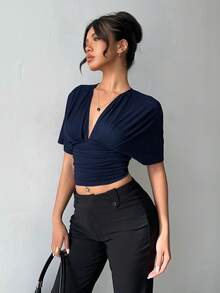 Aloruh Áo thun dệt kim tay ngắn cổ chữ V màu xanh hải quân in hình dơi, áo thun trơn dành cho người đi làm. - Màu xanh hải quân - Xem 7