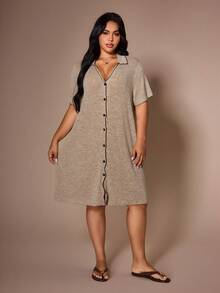 Lazeform Plus Size Women's Khaki V-Neck Open Front Ruffle Trim Knit Dress, Cozy Fleece Fabric Short Sleeve Casual Loungewear/Sleepwear - Khaki - View 5