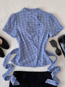 Comfortcana 春夏新款女式格子宽松短袖收腰衬衫，适合音乐节、酷炫、街头、复古、Y2K、休闲和校园风格。 - 藍色 - 查看 5