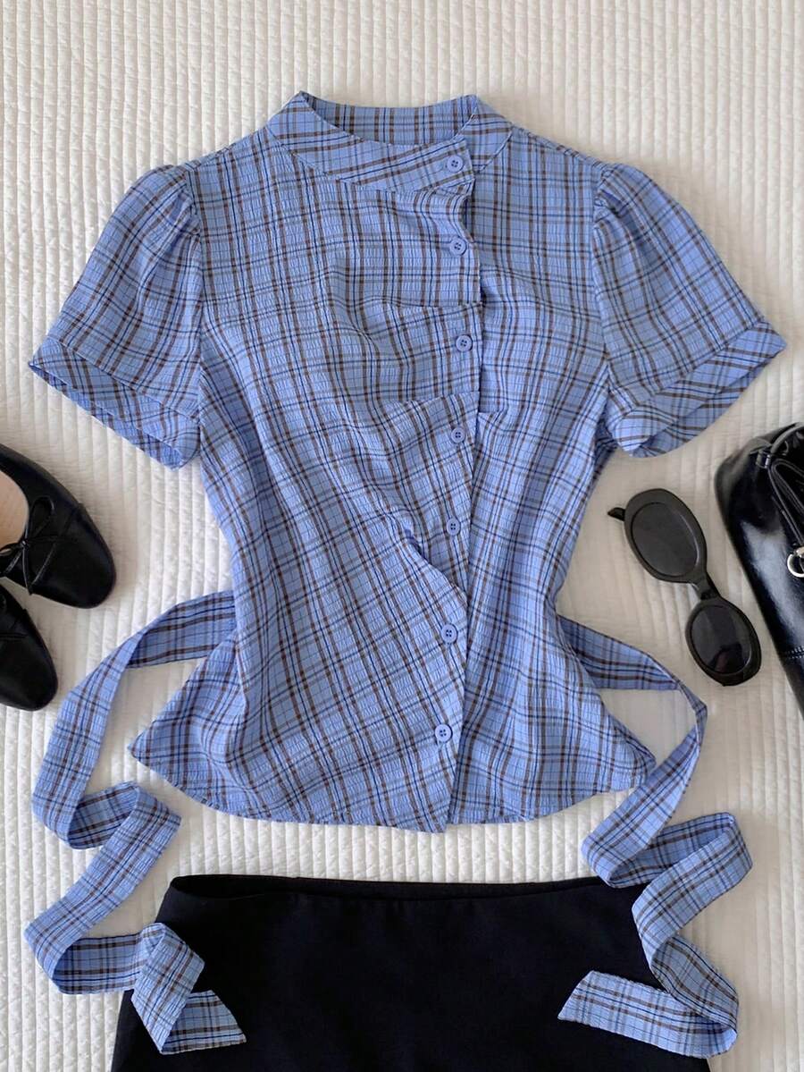 Comfortcana 春夏新款女式格子宽松短袖收腰衬衫，适合音乐节、酷炫、街头、复古、Y2K、休闲和校园风格。 - 藍色 - 查看 1