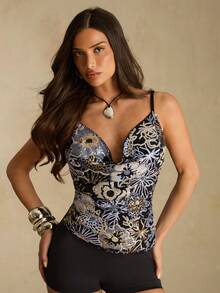 SHEIN 女士优雅上衣，亮片刺绣时尚性感吊带背心，适合休闲度假、假日约会、时尚派对等场合。 - 黑色 - 查看 3