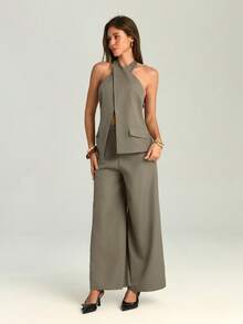 Firerie 女士优雅休闲通勤亚麻西装外套和阔腿裤两件套 / 不规则交叉衬衫上衣和宽松直筒裤套装，优雅套装，教师装 / 女士棕灰色亚麻修身腰部交叉衬衫裤两件套 / 女士两件套，适合妇女节 / 返校季 / 商务休闲女装 / 复古风女装 / 办公室着装 / 套装 / 女士社交西装外套 / 修身露背上衣 / 女士优雅休闲两件套 - 卡其色 - 查看 6