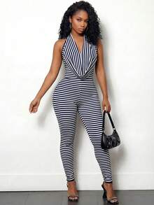 SHEIN BamGlam Mono de mujer con cuello drapeado a rayas - Azul Marino - Ver 5