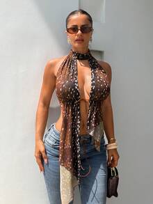 SHEIN SXY Tier Muster Neckholder Top, Boho Urlaub Sommer Y2K Top, Country Konzert, geraffte Brust, Urlaub transparentes Nachtclub Top - Verschiedenfarbig - Übersicht 5