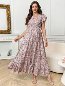 SHEIN 夏季孕妇V领短袖荷叶边腰部碎花连衣裙 - 粉色 - 查看 5