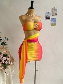 Soleia Women's Gradient Hollow-Out Bandeau Mini Dress, Suitable For Beach & Holiday In Summer - Multicolor - View 6