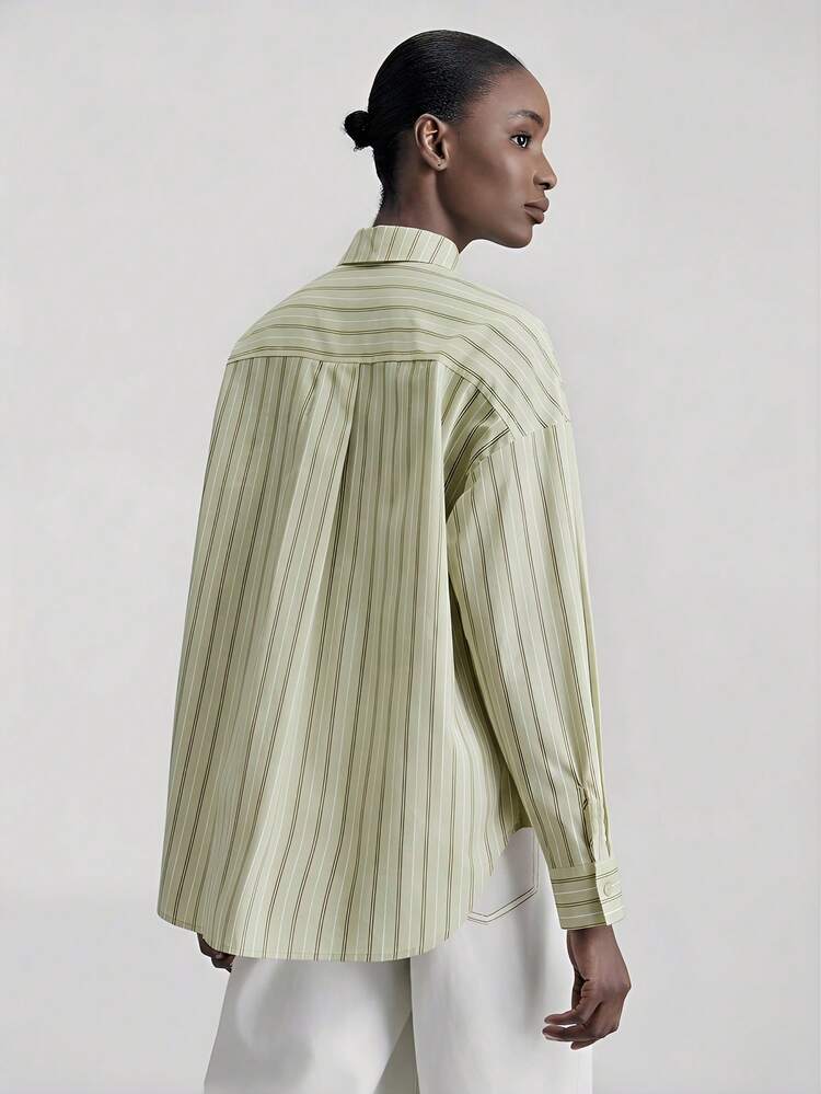 Women's Comfortable And Skin-Friendly Striped Shirt, Loose Fit, Turndown Collar, Long Sleeve, Metal Button Decor, Casual Urban Business Wear, Elegant And Sophisticated, High-Quality Designer Series All-Season Versatile Modern Urban Fashion Business Casual Women's Wear Office Attire Understated Old-Money Style, Elegant And Sophisticated, High-Quality Commuter And Airport Clothes