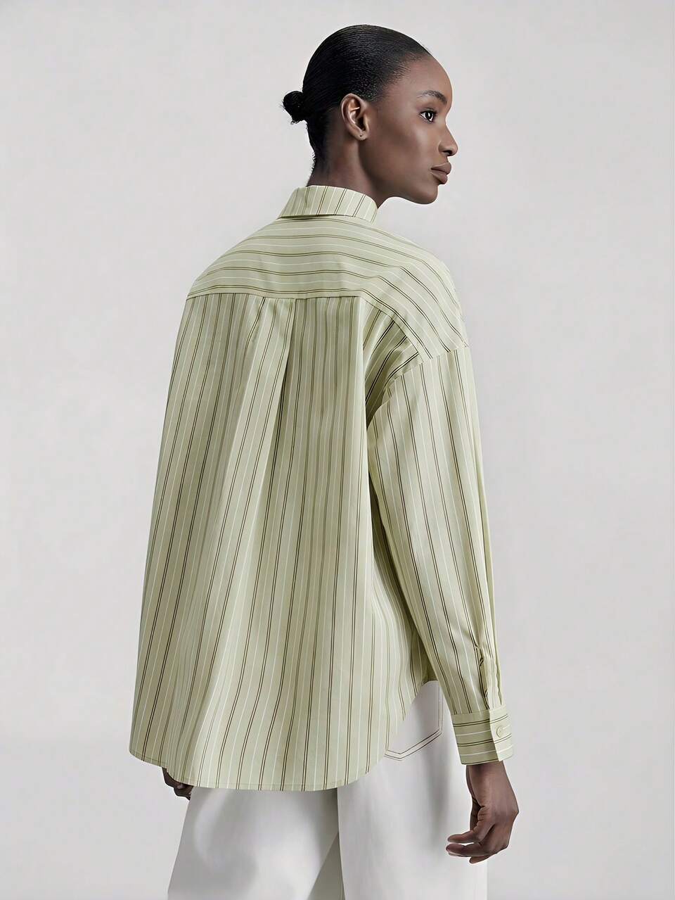 Women's Base Fabric & Coffee Striped Comfortable Skin-Friendly Fabric Shirt, Loose Fit, Dropped Shoulder, Long Sleeve, Front Metal Button Decor With Asymmetric Metal Buttons, Modern Urban Casual Fashion, Business Casual Office Wear, Low-Key Old Money Style, Elegant Minimalist Sophisticated High-End Urban Commute, High-Quality Airport Wear, Premium Material Designer Minimalist Comfortable Urban Series