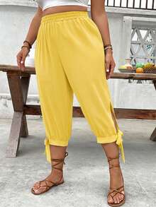 Breezaya Plus Size High Waist Drawstring 7/8 Pants, Spring/Summer - Yellow - View 3