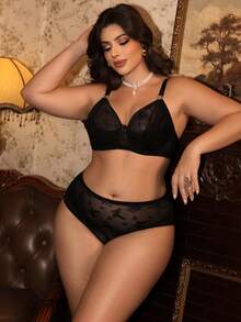 Divavoom 2 piezas Conjunto de sujetador y ropa interior de encaje con aros para mujer de talla grande - Negro - Ver 7