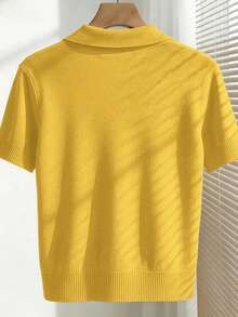 Franclia Women's Simple Solid Color Turndown Collar Short Sleeve Casual Fitted Knit Top, Versatile For Spring/Summer - Mustard Yellow - View 2
