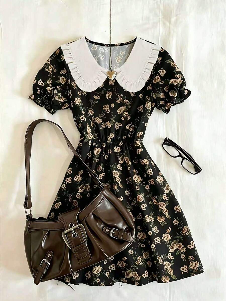 Franclia Women's Peter Pan Collar Floral Print Short Sleeve Dress - Multicolor - View 1
