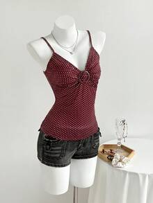 Elamini Women's Polka Dot Decorated Casual Tank Top, Suitable For Daily Wear And Vacation - Brown - View 5