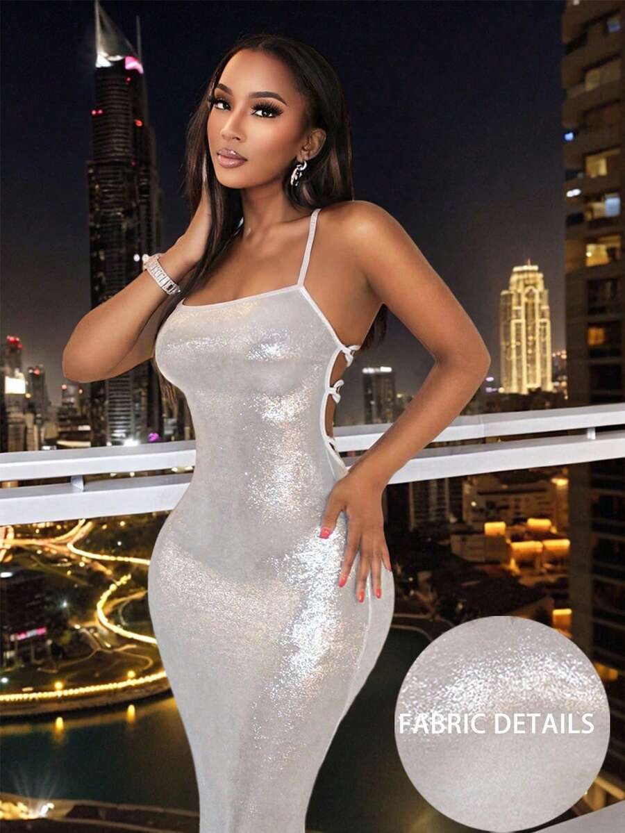 BamGleam Silver Back-Tie Maxi Dress | Sexy Slim Fit Party Dress For Women - Silver - View 1