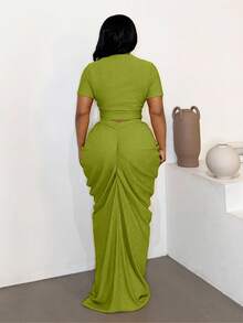Maweii Plus Size Sexy Fitted Beach Ruched Skirt 2 Pieces Set - Green - View 5