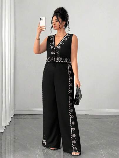 SHEIN Tall CURVE 大码印花系带背心和裤子两件套